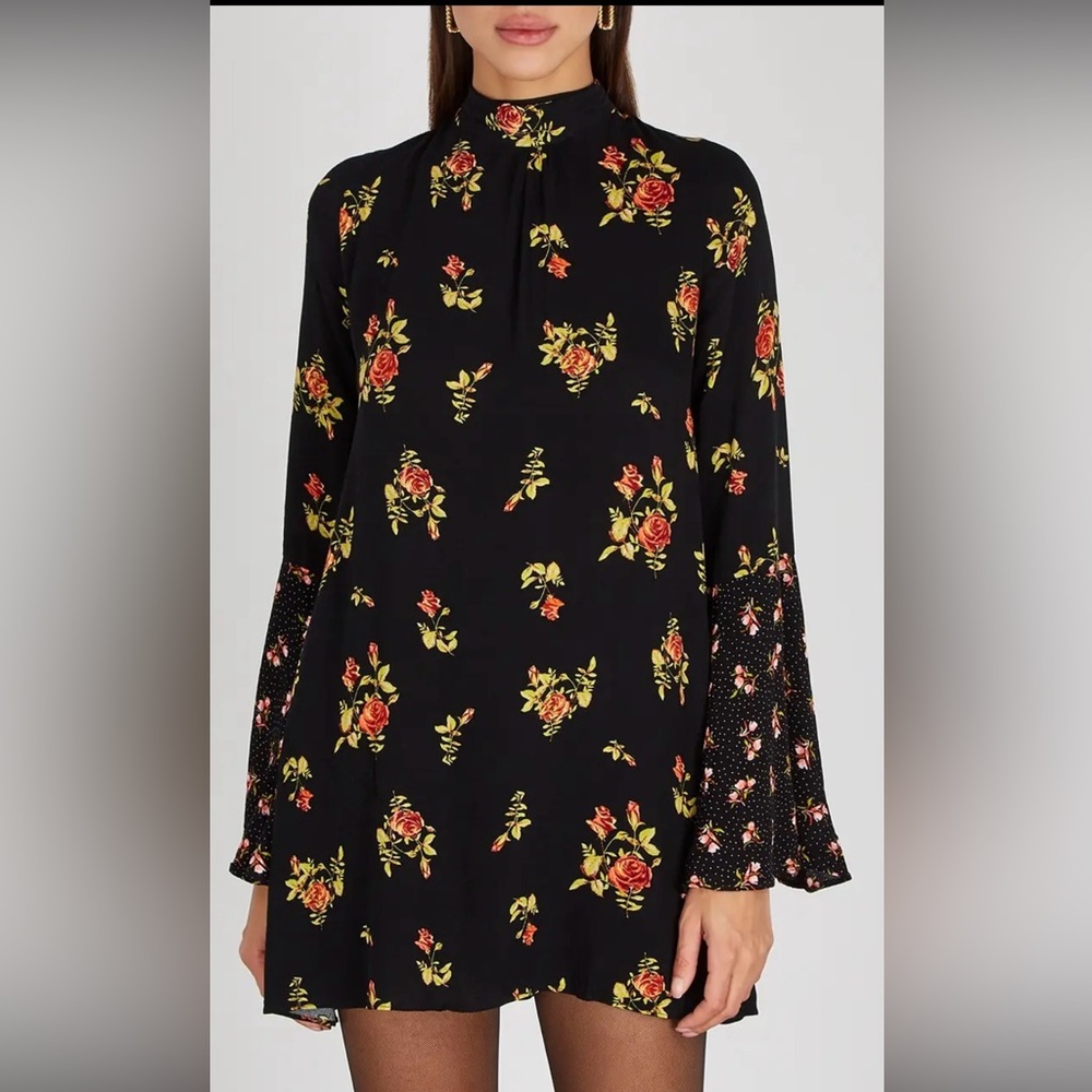 FREE PEOPLE Women’s Tate Black Floral Tie Neck Mini Shift Dress Tunic XS - Picture 11 of 11